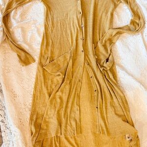 Free People FP Beach Mustard Ribbed Long Cardigan | Boho Layering Piece | Size L